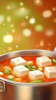 Korean tofu soup. Tofu cubes are floating with spices bokeh background for cuisine illustrations photo