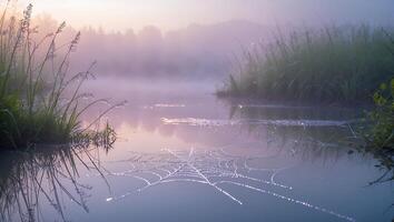 Dew Covered Cobweb Floating on a Calm Pond in Early Morning photo