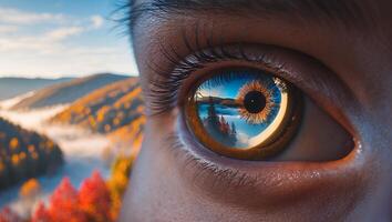 Eye Reflecting Autumn Landscape Scene with Lake and Forest View photo