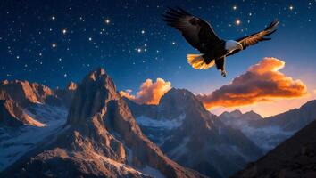 Eagle Flying Over Mountain Range Under Starry Night Sky photo
