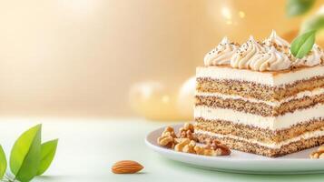 Layered cake with walnuts on plate for dessert ads, party concept, or bakery blog post in light setting photo