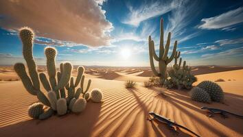 Lizards Walking Through Desert Landscape with Cacti and Sand Dunes photo