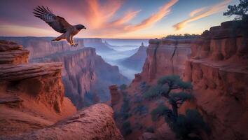 Hawk Flying Above Grand Canyon Landscape with Dramatic Sky at Sunset photo