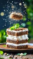 Layered cake with cream mint. Slice floating. Sparkling background. Recipe books, cafe menus photo