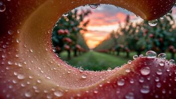 Viewing Apple Orchard at Sunset Through an Apple with Water Droplets photo