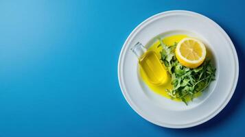 Lemon and arugula on plate with oil. Simple tasty cooking from above. Possible for healthy diet blog photo