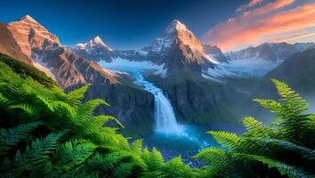 Waterfall Cascading Through Mountain Landscape with Ferns and Colorful Sky photo