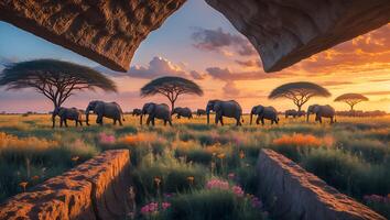 Elephant Herd Walking Through Savannah at Sunset with Flowers and Trees photo