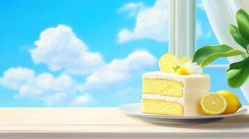 Lemon cake served on table, near window with view. Perfect for food blog, cookbook photo