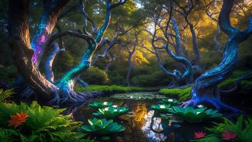 Enchanted Forest Pond with Lily Pads Reflecting Sunlight and Glowing Trees photo