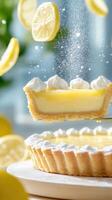 Lemon tart slice being served. Background lemon slices falling. Use Food blogging photo