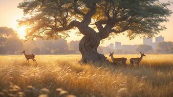 Deer Resting Under Large Tree in Golden Field at Sunset photo