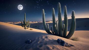 Cactus in Desert Landscape at Night with Full Moon and Stars photo