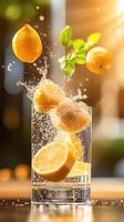 Lemon slices splashing into water glass with sunlit background. Recipe use photo