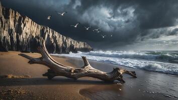 Driftwood on Sandy Beach Under Dramatic Sky with Birds Flying photo