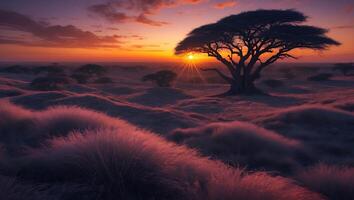 Tree Silhouetted by Vibrant Sunset in Field of Grass photo
