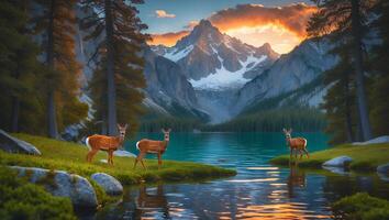 Deer Standing by a Calm Lake Surrounded by Mountains and Forest photo