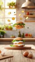 Levitating burger with egg and potato slice. On a wooden cutting board in the kitchen. Food photography photo