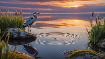 Heron Standing Calmly on Lake Rock Reflecting Sunset photo