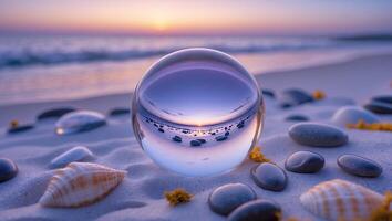Glass Sphere Reflecting Beach at Sunset with Smooth Rocks and Seashells photo