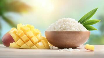 Mango and sticky rice in bowl on table with blurred nature background, for healthy food ads photo