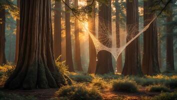 Sunlit Forest with Spiderweb and Water Droplets Nature Scene photo