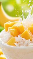 Mango chunks splashing into rice in a white bowl, with a banana in a bright setting photo