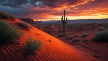Cactus in Desert Landscape at Dramatic Sunset with Red Sand photo
