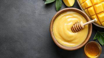 Mango puree in a wooden bowl with honey dipper, mango cubes, and leaves on dark background photo