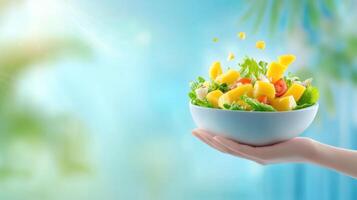 Mango salad in a hand, healthy eating, summer vibes in background. Use food blog photo