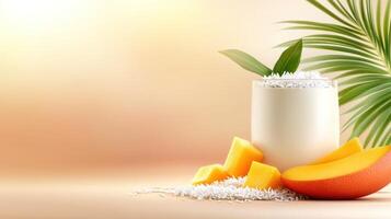 Mango smoothie with fruit garnish served in a glass on a bright background photo
