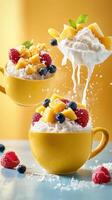Mango shaved ice dessert is displayed in yellow mugs against a colored studio background for advertising photo
