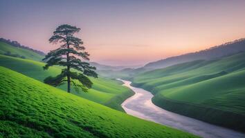 Landscape with River Flowing Through Green Hills at Sunset photo