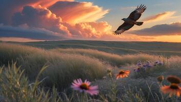 Hawk Flying Over Meadow at Sunset with Vibrant Cloudscape photo
