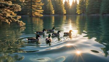 Ducks Swimming on Lake with Forest Backdrop During Sunny Day photo