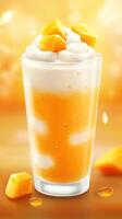 Mango smoothie with cream and mango pieces. Relaxing summer beverage in soft, warm light photo