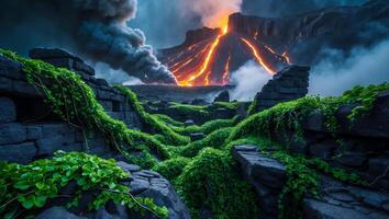 Lava Flowing Down Volcanic Mountainside Seen Through Overgrown Ancient Ruins photo