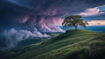 Lone Tree Standing on Green Hill with Approaching Storm Clouds photo