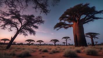 Observing Large African Trees in a Savannah Landscape at Dusk photo