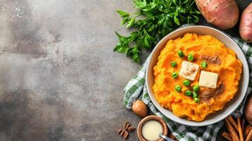 Mashed sweet potatoes in a bowl, garnished with butter and peas, on rustic table. For holiday meal photo