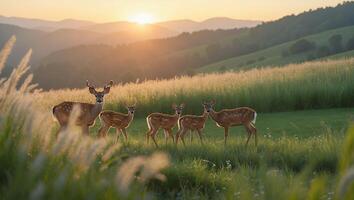 Deer Family Grazing in Meadow at Sunset with Mountains Background photo