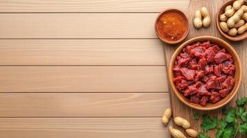 Meat dish preparation, spices, nuts on wood table, culinary, recipe, cookbook usage photo