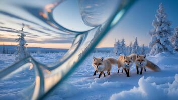Foxes Walking in Snowy Winter Landscape with Reflection and Sunset photo