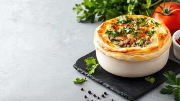 Meat pot pie sits pretty. Top parsley garnish brightens the presentation. Copy space on left photo