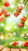 Meat skewers with veggies on sticks, flying over salads. Outdoor dining, food blog image photo