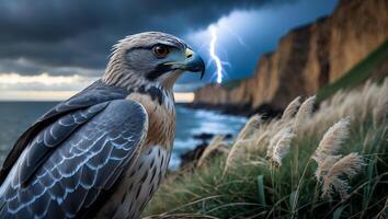 Hawk Perched Near Coastline with Lightning Strike During Storm photo