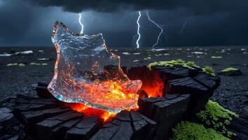 Molten Ice and Charred Wood Landscape Under a Stormy Sky photo