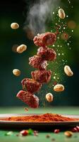 Meatballs levitating over a dish with peanuts and spices on a plate. Background bokeh photo