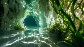 Exploring Underwater Cave with Seaweed and Light Reflections on Seabed photo