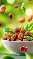 Meatballs with peppers and basil served in bowl over vibrant background. Food blog or cookbook photo